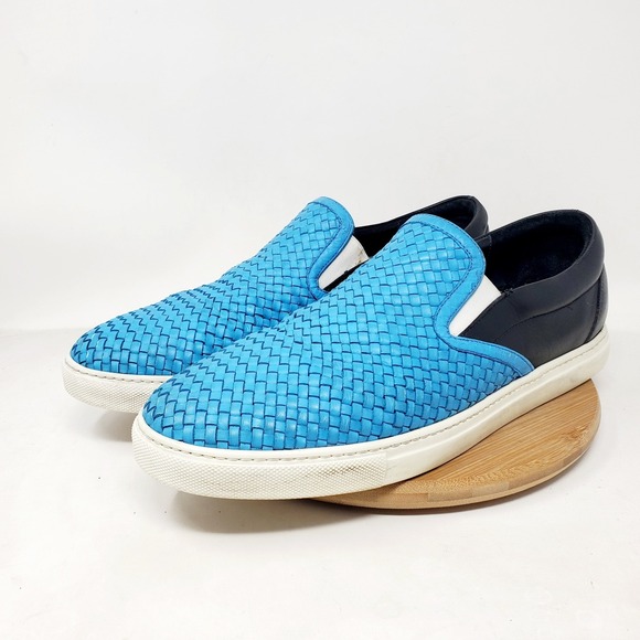 Dsquared2‎ Shoes Mens 45 Blue Woven Black Leather Slip On Casual Sneaker - Picture 2 of 15